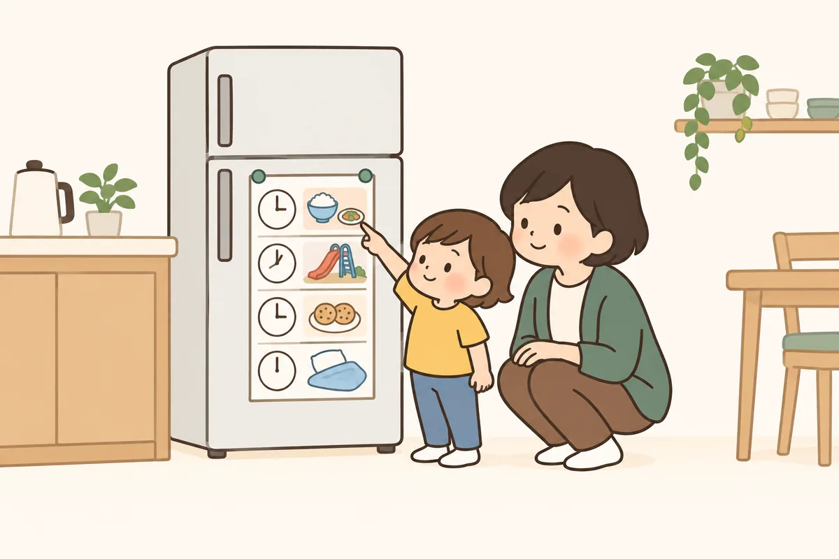 冷蔵庫に貼った縦長の予定表を、子どもが指でさし、大人がそばで一緒に見ている